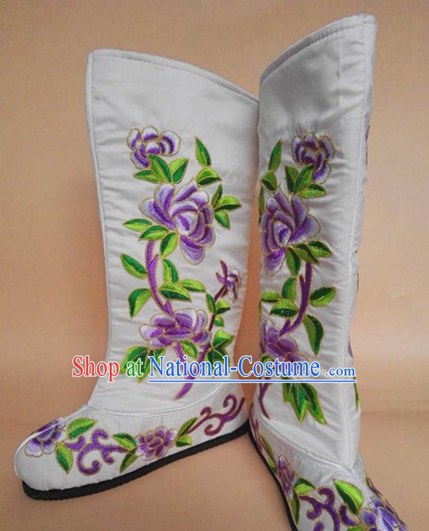 Chinese Embroidered Peony White Satin Boots Peking Opera Shoes Ancient Swordswoman Shoes Handmade Beijing Opera Female General Shoes