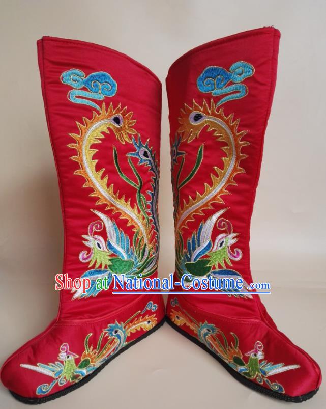 Chinese Ancient Swordswoman Shoes Beijing Opera Female General Shoes Embroidered Phoenix Red Satin Boots Peking Opera Shoes