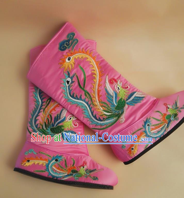 Chinese Peking Opera Shoes Ancient Swordswoman Shoes Beijing Opera Female General Shoes Embroidered Phoenix Pink Satin Boots