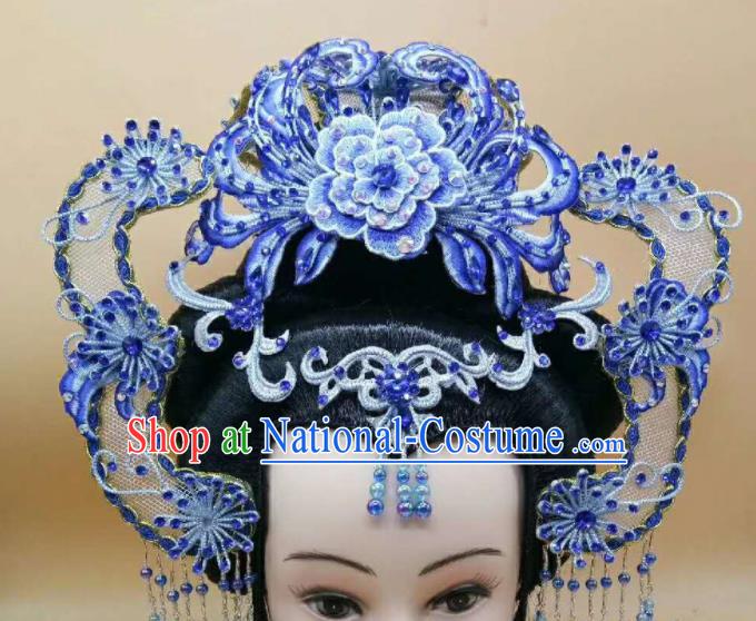 Chinese Peking Opera Empress Blue Hair Crown Beijing Opera Hua Tan Headdress Ancient Queen Phoenix Coronet