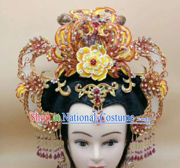 Chinese Ancient Queen Phoenix Coronet Peking Opera Empress Yellow Hair Crown Beijing Opera Hua Tan Headdress