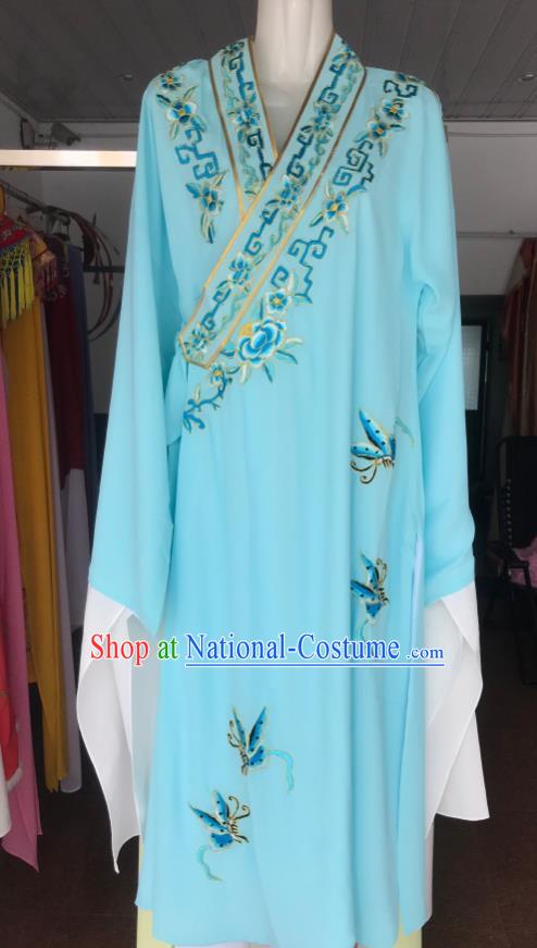 Chinese Ancient Young Male Garment Costume Peking Opera Liang Shanbo Embroidered Light Blue Robe Beijing Opera Xiaosheng Butterfly Love Clothing