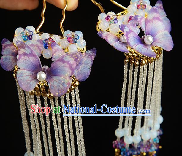 Chinese Ming Dynasty Palace Lady Purple Butterfly Hairpin Traditional Hanfu Hair Accessories Ancient Princess Tassel Hair Stick