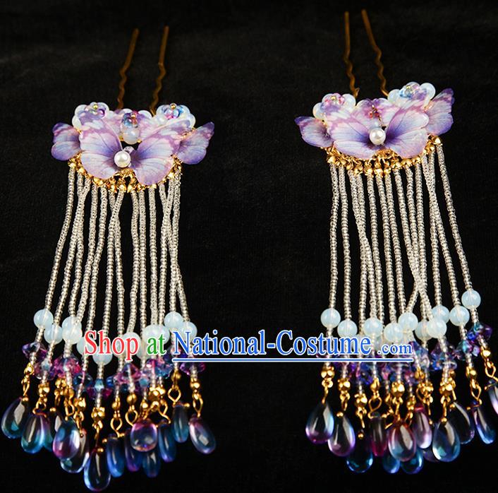 Chinese Ming Dynasty Palace Lady Purple Butterfly Hairpin Traditional Hanfu Hair Accessories Ancient Princess Tassel Hair Stick