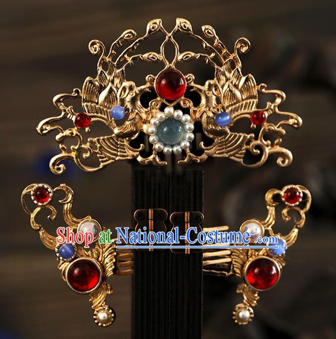 Chinese Ancient Bride Headpieces Ming Dynasty Golden Hair Comb and Hairpins Traditional Hanfu Wedding Hair Accessories