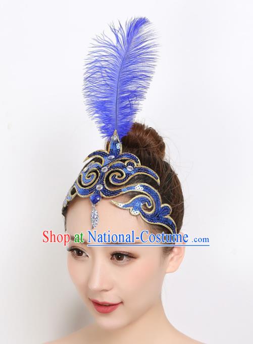 China Dai Nationality Dance Royalblue Feather Headpiece Woman Stage Performance Hair Stick Peacock Dance Hair Accessories