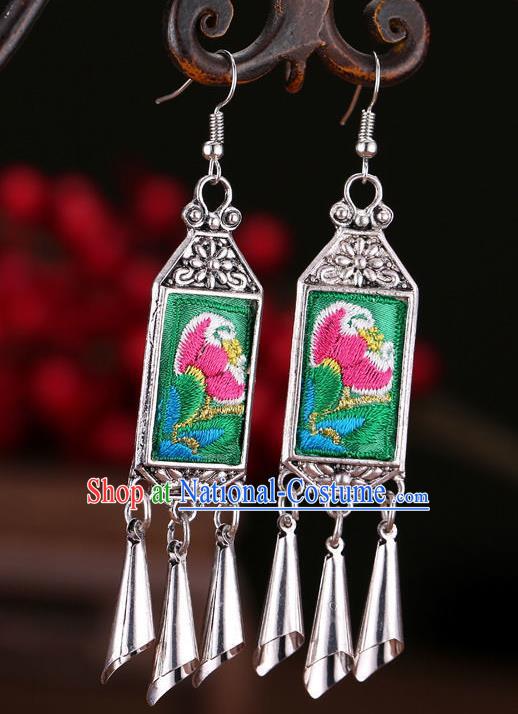 Chinese Hmong Minority Dance Embroidered Green Ear Jewelry Yunnan Ethnic Woman Ear Accessories Miao Nationality Silver Earrings