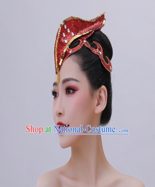 Chinese Dai Nationality Folk Dance Red Hair Crown Yunnan Minority Performance Headwear Handmade Ethnic Peacock Dance Headpiece