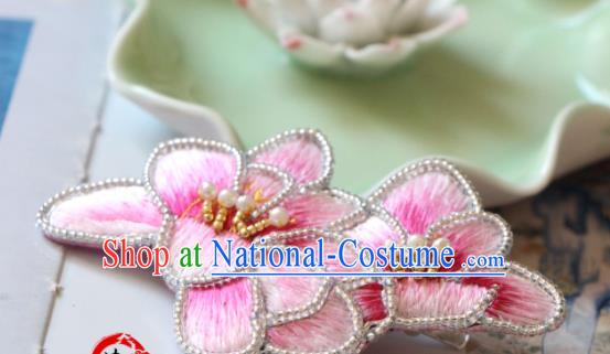 Handmade China Embroidered Pink Mangnolia Hair Claw Classical Qipao Pearls Hair Stick Accessories