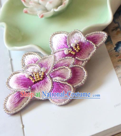 Handmade China Classical Qipao Pearls Hair Stick Accessories Embroidered Purple Mangnolia Hair Claw