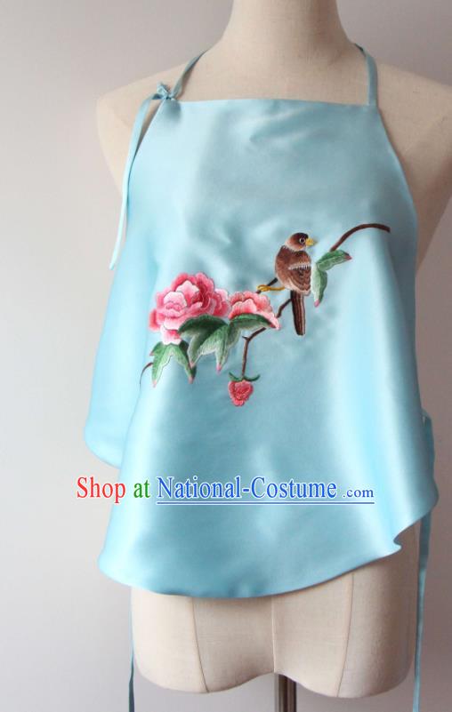 Chinese Traditional Cheongsam Undergarment Suzhou Embroidered Peony Bird Stomachers Clothing National Blue Silk Bellyband