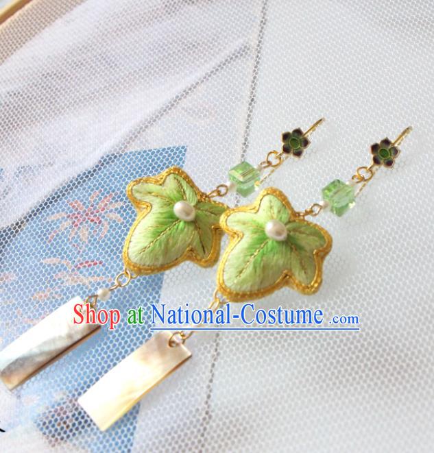 China National Woman Ear Jewelry Handmade Cheongsam Ear Accessories Suzhou Embroidered Green Maple Leaf Earrings