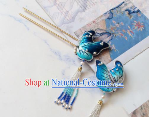 Handmade China Classical Hanfu Hair Accessories Suzhou Embroidered Blue Butterfly Hairpin