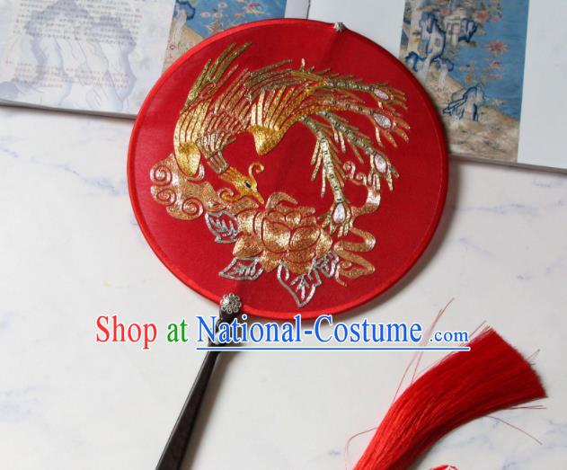 Chinese Suzhou Embroidered Phoenix Peony Fan Traditional Wedding Fan Classical Bride Palace Fan Handmade Red Silk Circular Fan