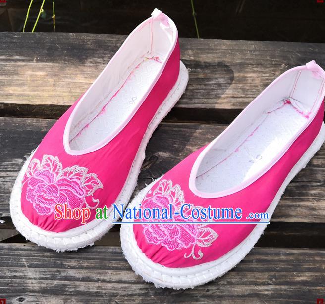 Handmade China Yunnan Ethnic Peach Pink Satin Shoes Wedding Bride Embroidered Shoes National Woman Strong Cloth Shoes