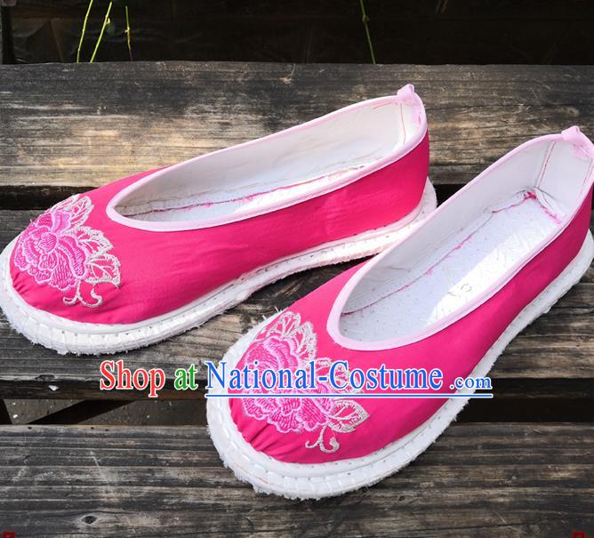 Handmade China Yunnan Ethnic Peach Pink Satin Shoes Wedding Bride Embroidered Shoes National Woman Strong Cloth Shoes