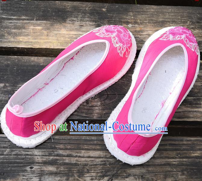 Handmade China Yunnan Ethnic Peach Pink Satin Shoes Wedding Bride Embroidered Shoes National Woman Strong Cloth Shoes