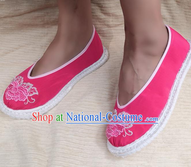 Handmade China Yunnan Ethnic Peach Pink Satin Shoes Wedding Bride Embroidered Shoes National Woman Strong Cloth Shoes