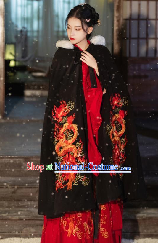 China Traditional Hanfu Cape Ming Dynasty Princess Historical Clothing Ancient Young Beauty Embroidered Black Cloak Garment