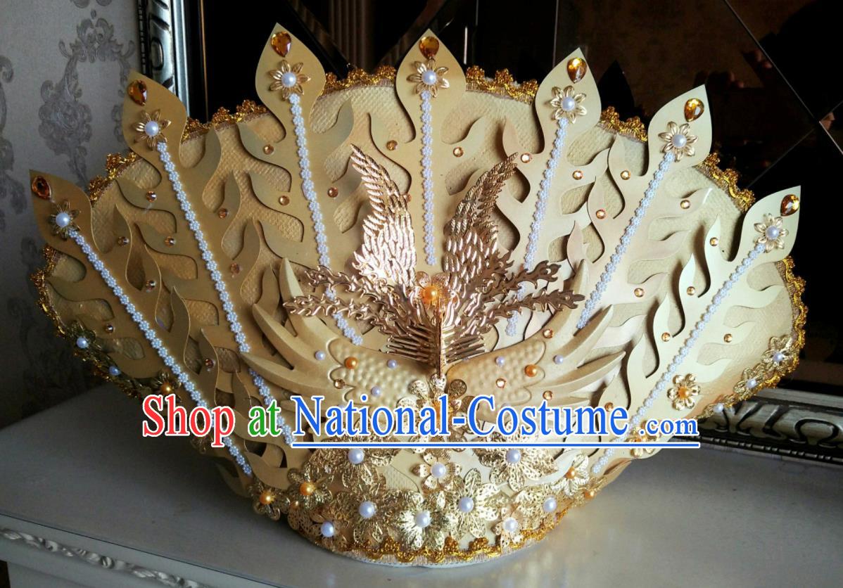 China Cosplay Empress Golden Phoenix Hair Crown Cheongsam Show Pearls Hair Accessories Catwalks Performance Deluxe Headwear