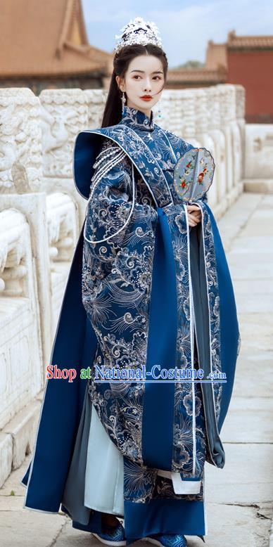 China Ancient Imperial Consort Embroidered Blue Hanfu Dress Traditional Southern and Northern Dynasties Princess Historical Garment Costumes