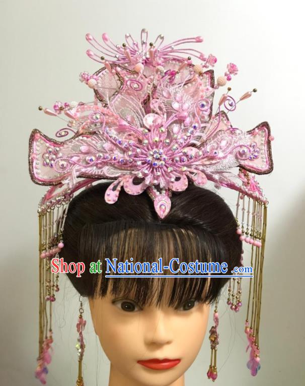 Chinese Gezi Opera Fairy Hair Accessories Peking Opera Hua Tan Pink Hair Crown Traditional Beijing Opera Actress Headdress