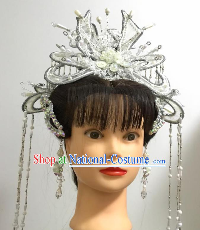 Chinese Peking Opera Hua Tan Tassel Argent Hair Crown Traditional Beijing Opera Actress Headdress Gezi Opera Fairy Hair Accessories