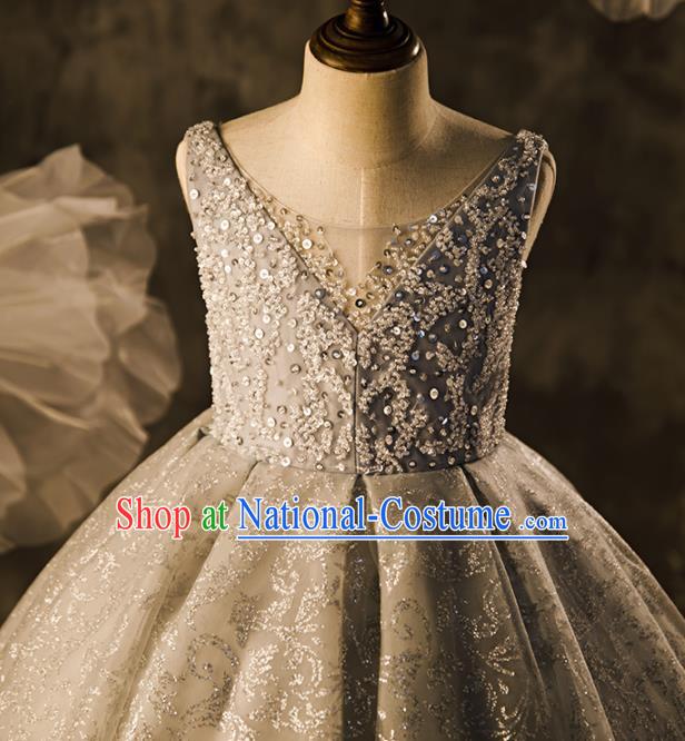 Professional Flower Girl Stage Show Fashion Clothing Catwalks Grey Trailing Full Dress Children Piano Performance Formal Costume