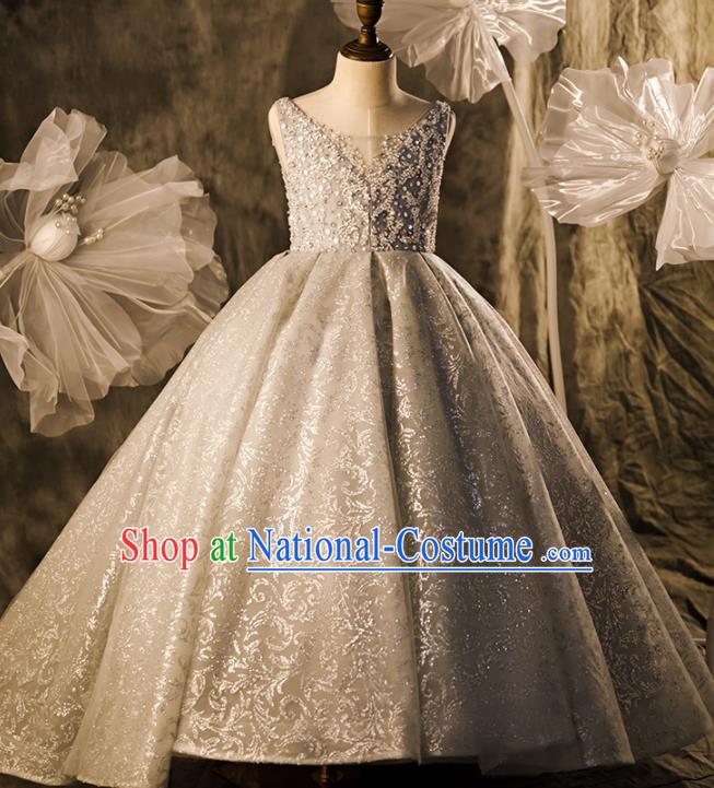 Professional Flower Girl Stage Show Fashion Clothing Catwalks Grey Trailing Full Dress Children Piano Performance Formal Costume