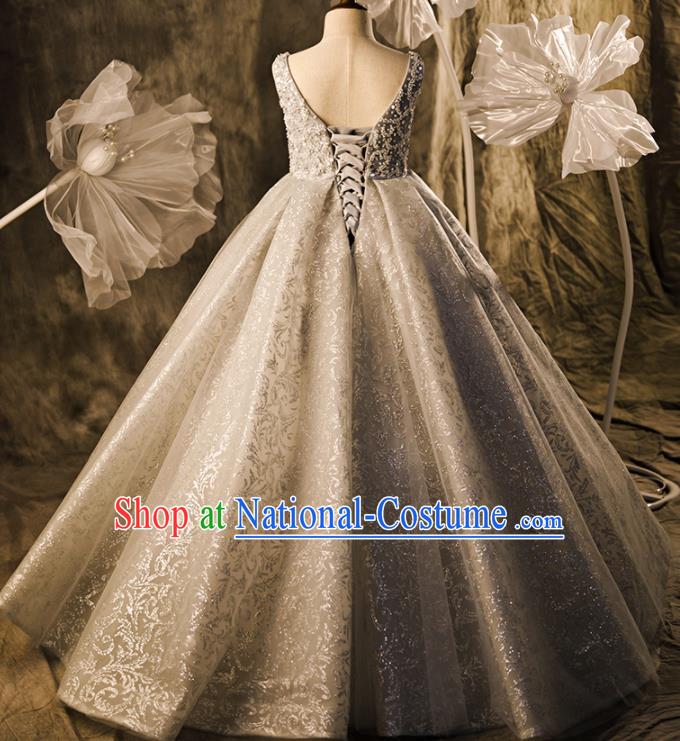 Professional Flower Girl Stage Show Fashion Clothing Catwalks Grey Trailing Full Dress Children Piano Performance Formal Costume