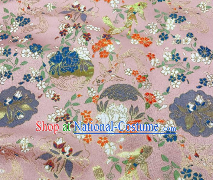 China Traditional Hanfu Silk Fabric Jacquard Brocade Tang Suit Damask Classical Goldfish Flowers Pattern Pink Satin Tapestry