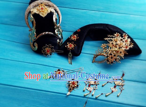 China Drama Palace Beauty Headpieces Traditional Han Dynasty Queen Wigs and Hairpins Ancient Empress Hair Crown