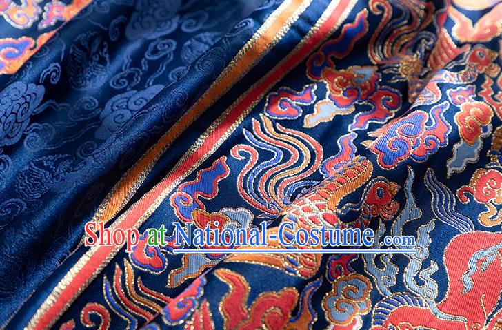 Asian Chinese Hanfu Dress Zhuanghua Satin Jacquard Drapery Ming Dynasty Deep Blue Tapestry Fabric Traditional Phoenix Pattern Brocade