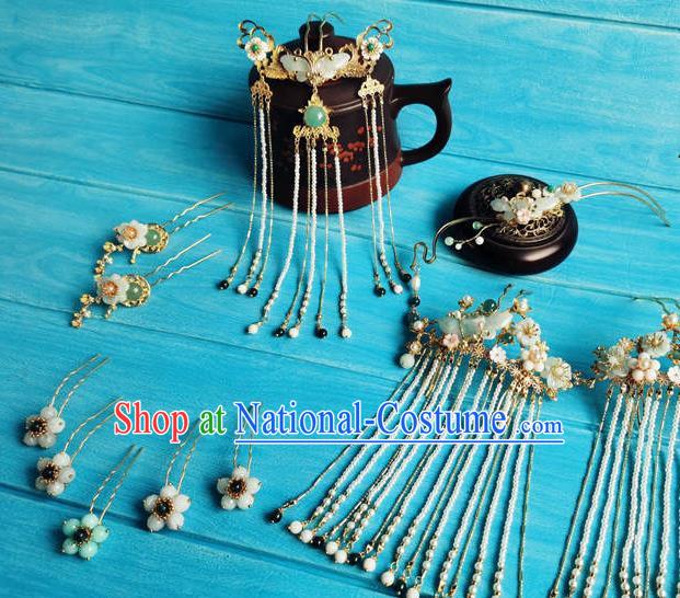 Chinese Ancient Noble Lady Hair Accessories Ming Dynasty Tassel Hairpins and Hair Comb Complete Set