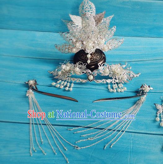 Chinese Tang Dynasty Court Woman Tassel Hairpin Traditional Hanfu Hair Accessories Ancient Imperial Consort Argent Hair Crown