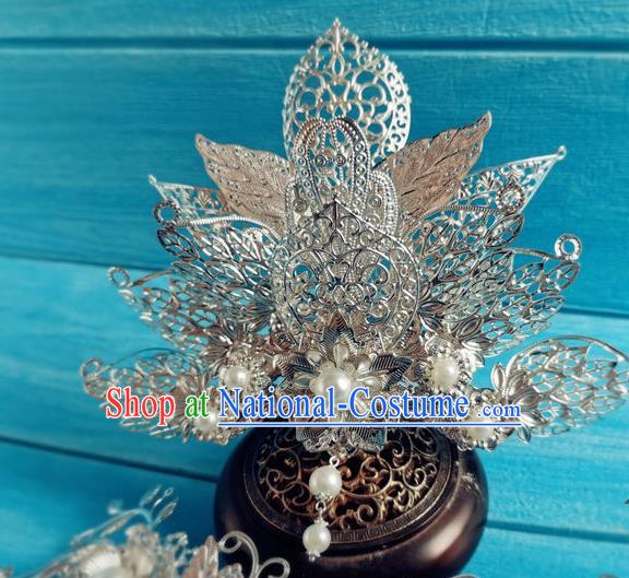 Chinese Tang Dynasty Court Woman Tassel Hairpin Traditional Hanfu Hair Accessories Ancient Imperial Consort Argent Hair Crown