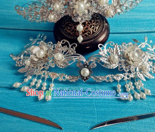 Chinese Tang Dynasty Court Woman Tassel Hairpin Traditional Hanfu Hair Accessories Ancient Imperial Consort Argent Hair Crown