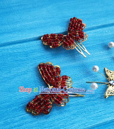 Chinese Ming Dynasty Young Lady Hairpin Traditional Hanfu Hair Accessories Ancient Princess Red Beads Butterfly Hair Combs