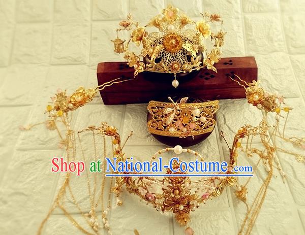 Chinese Ming Dynasty Queen Golden Hair Crown Traditional Hanfu Hair Accessories Ancient Wedding Bride Hairpins