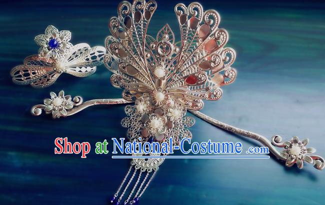 Chinese Tang Dynasty Argent Princess Hairpins Traditional Hanfu Hair Accessories Ancient Fairy Hair Crown Full Set