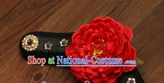 China Drama Princess of Pearl Hairpieces Traditional Qing Dynasty Headdress Ancient Imperial Consort Wigs and Red Peony Hairpins