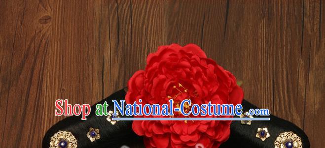 China Drama Princess of Pearl Hairpieces Traditional Qing Dynasty Headdress Ancient Imperial Consort Wigs and Red Peony Hairpins