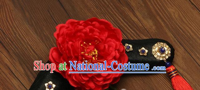 China Drama Princess of Pearl Hairpieces Traditional Qing Dynasty Headdress Ancient Imperial Consort Wigs and Red Peony Hairpins