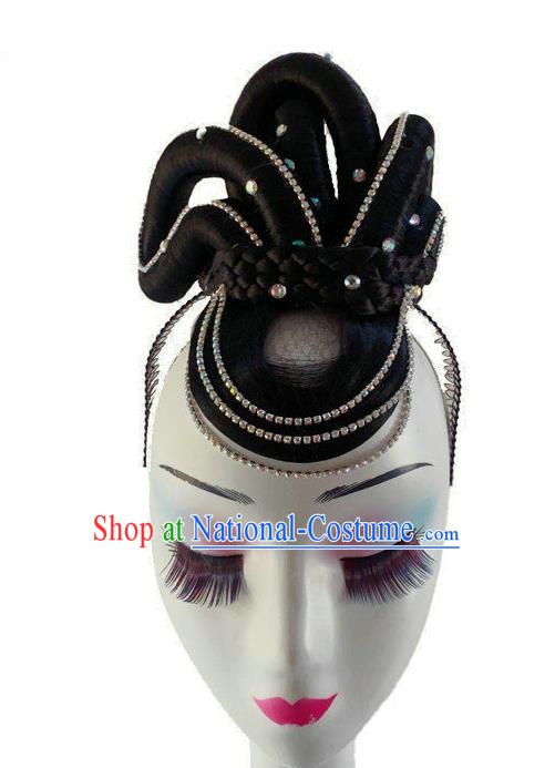 Chinese Classical Dance Hair Accessories Woman Stage Performance Hair Clasp Traditional Folk Dance Wigs Chignon