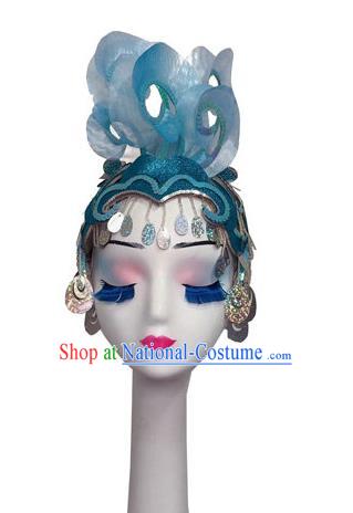 China Minority Peacock Dance Headpiece Yunnan Ethnic Woman Performance Blue Hair Crown Dai Nationality Dance Headwear