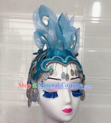 China Minority Peacock Dance Headpiece Yunnan Ethnic Woman Performance Blue Hair Crown Dai Nationality Dance Headwear