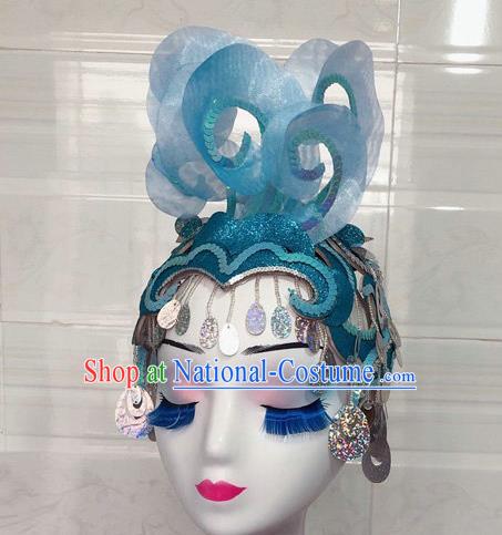 China Minority Peacock Dance Headpiece Yunnan Ethnic Woman Performance Blue Hair Crown Dai Nationality Dance Headwear