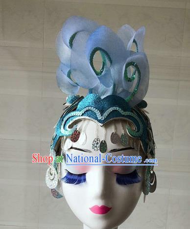 China Minority Peacock Dance Headpiece Yunnan Ethnic Woman Performance Blue Hair Crown Dai Nationality Dance Headwear