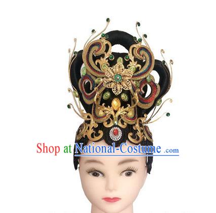 China Dai Nationality Dance Headwear Minority Peacock Dance Wigs Headpieces Yunnan Ethnic Woman Performance Hair Accessories