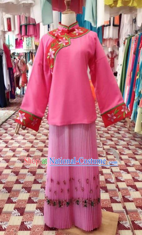 China Ancient Country Lady Garment Costumes Shaoxing Opera Servant Woman Pink Dress Outfits Traditional Peking Opera Actress Clothing